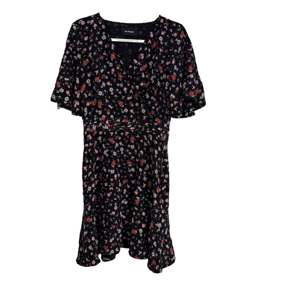 The Kooples Silk Dress Large Black Faux Wrap Butterfly Floral Romantic Whimsical